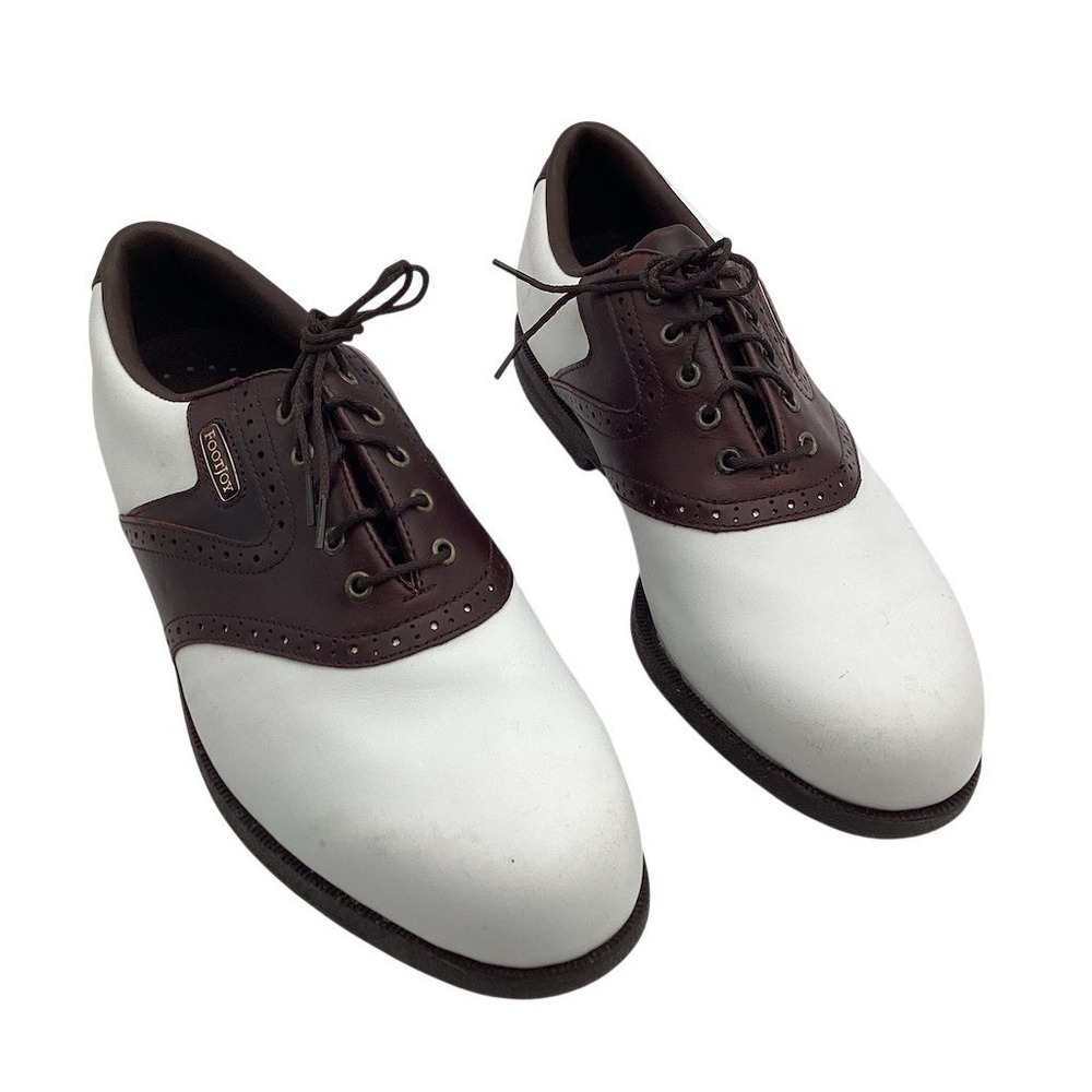 FootJoy Men's Saddle Golf Shoes White/Brown‎ Spiked Cleats Size 9 W